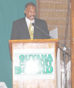 Professor Sir Hillary Beckles delivering the feature address at the Guyana Cricket Board annual awards ceremony Friday night at the Umana Yana. (Lawrence Fanfair photograph)      