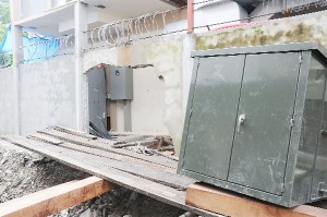 The hole made in one of the concrete walls at the Regent Multiplex mall so that the transformer could be extricated. 