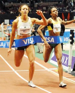 PIPPED! Guyana&#8217;s Aliann Pompey right  is pipped at the tape by American Monica Hargrove.(Photo courtesy Gary Tim)  