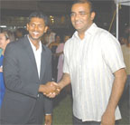 President Bharrat Jagdeo congratulating Shivnarine Chanderpaul on his achievement (Photo courtesy of GINA)